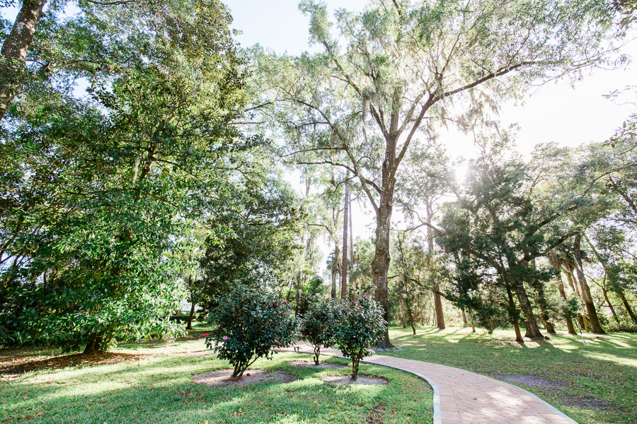 winding brick path in a lush garden with tall trees at a Florida wedding venue
