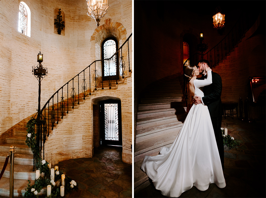 side-by-side of a beautiful spiral staircase used for wedding portraits