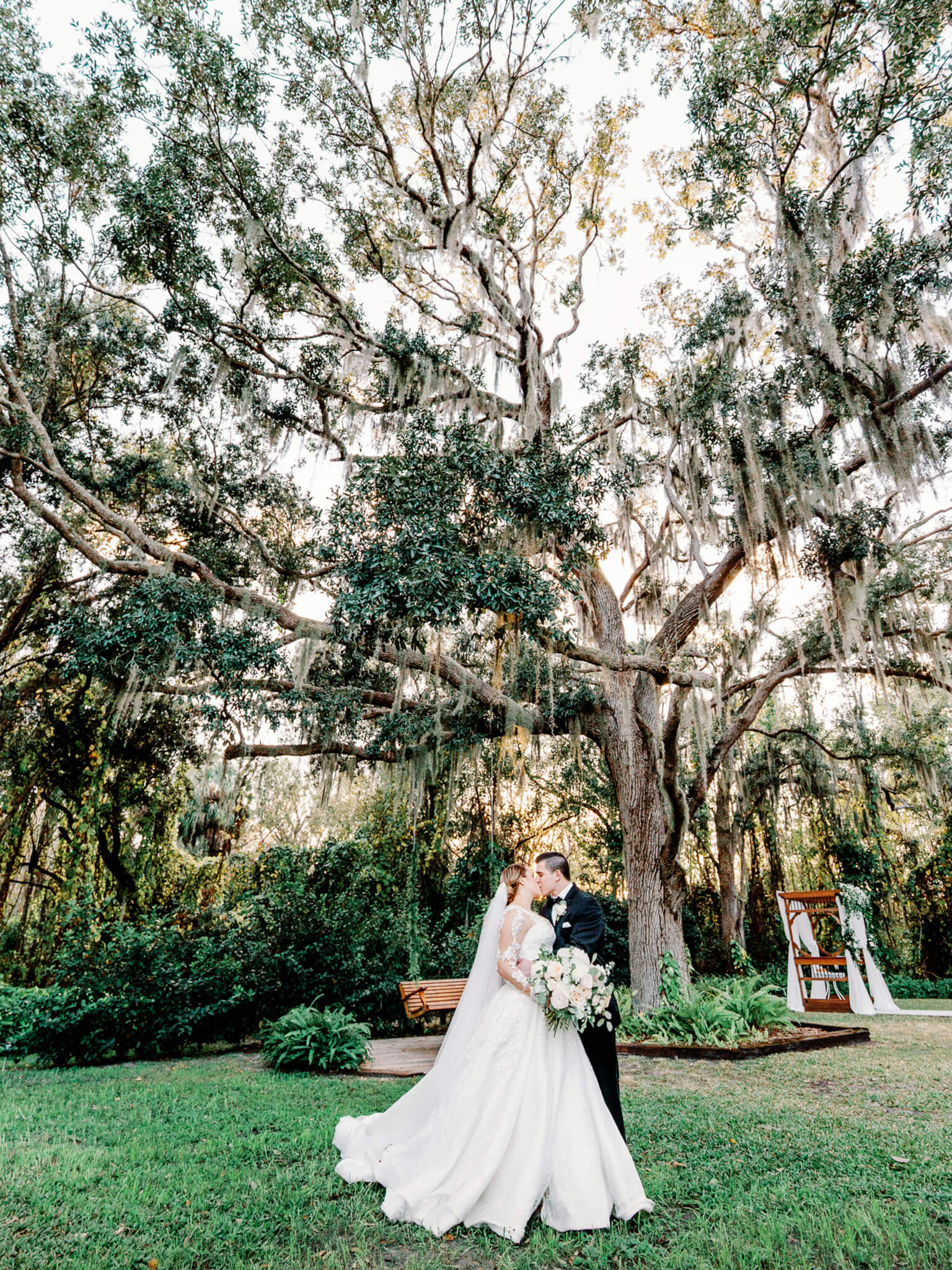 Bride and groom kissing under a huge tree in a lush garden with soft light