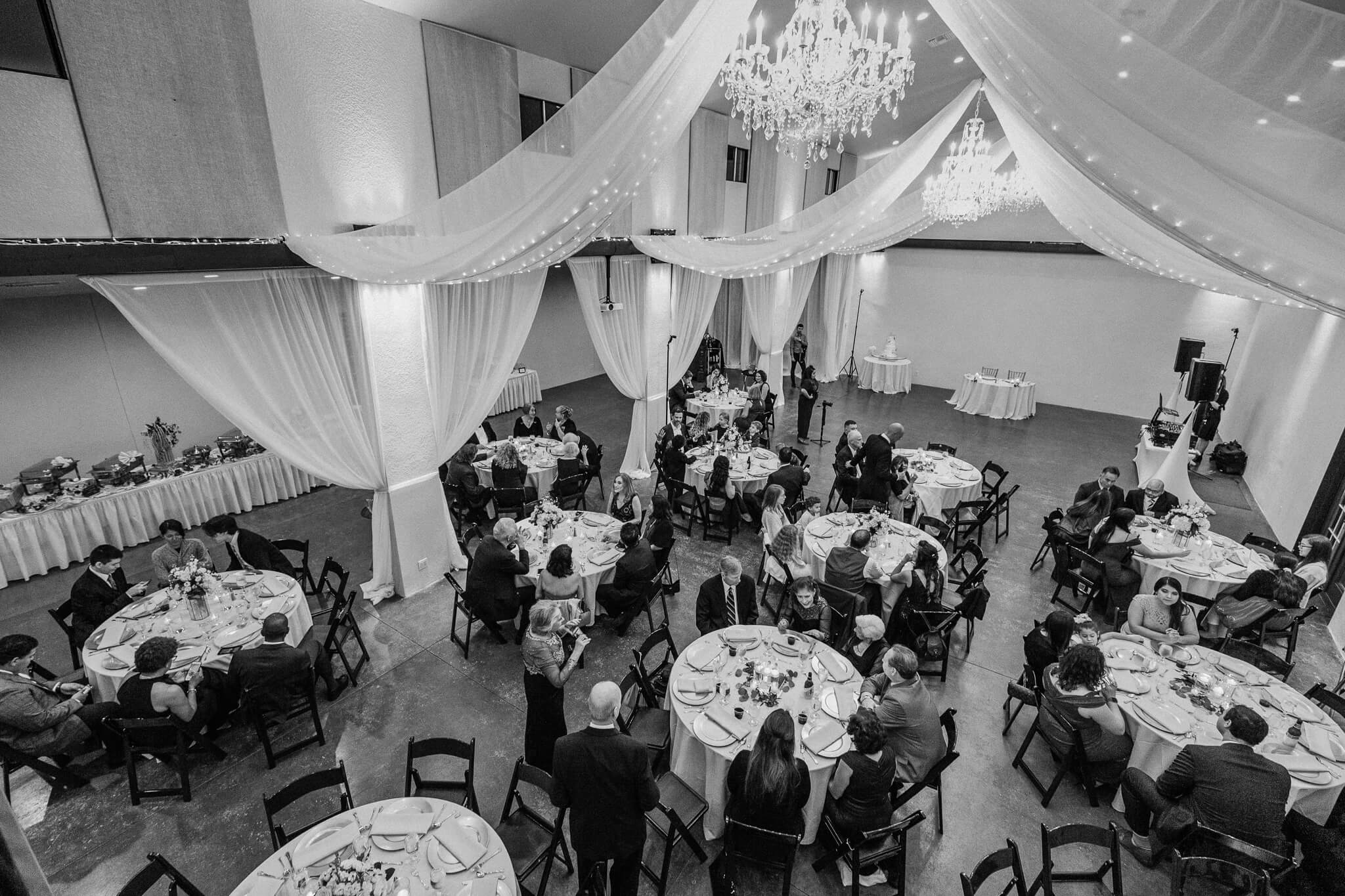 top view of reception venue filled with guests