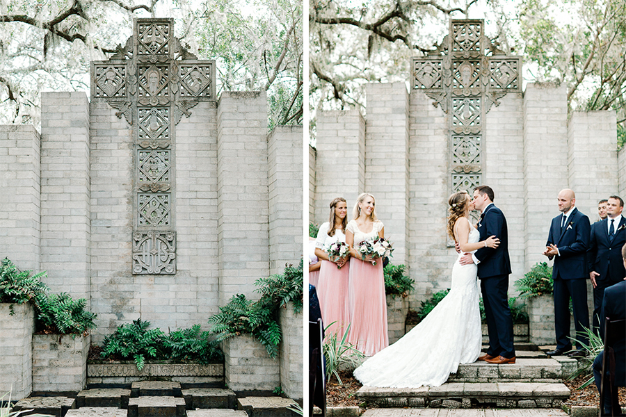 side by side images of a ceremony site with and without a bridal party on it
