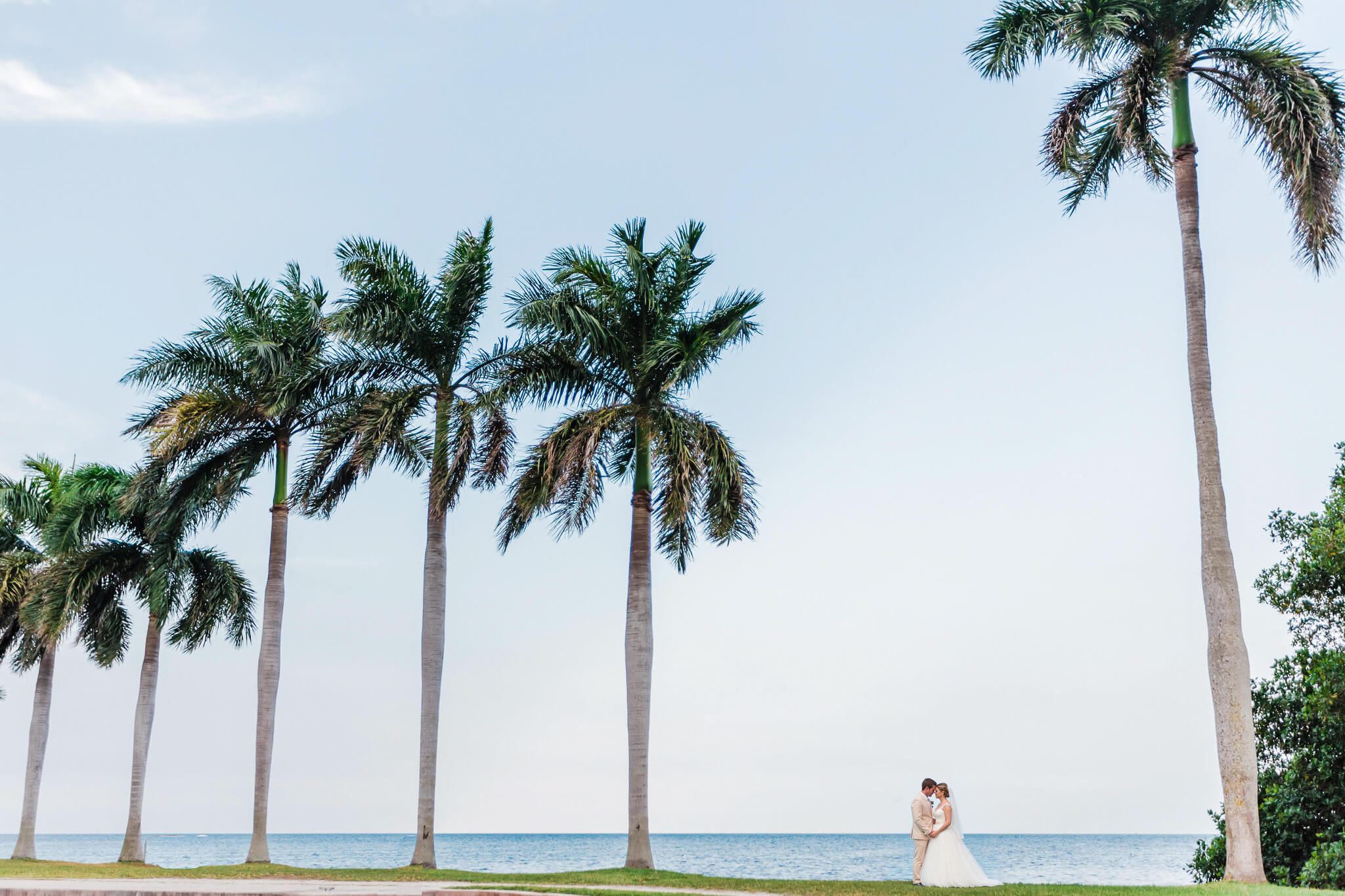 Bride and groom pose for photo in between palm trees with an ocean view at a Florida wedding