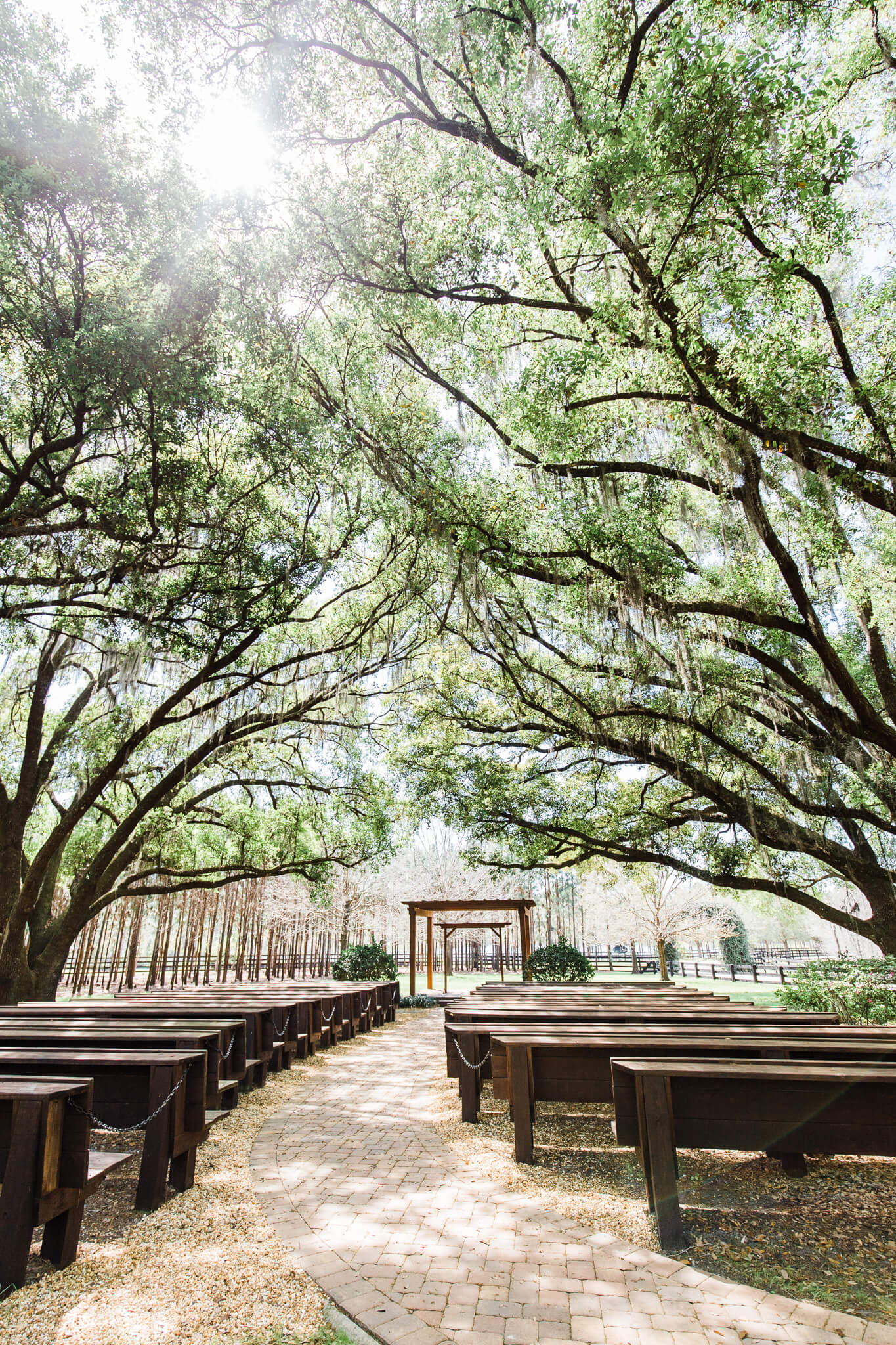 outdoor wedding ceremony site with brick pathway surrounded by wooden benches under a canopy of trees with rays of sunshine