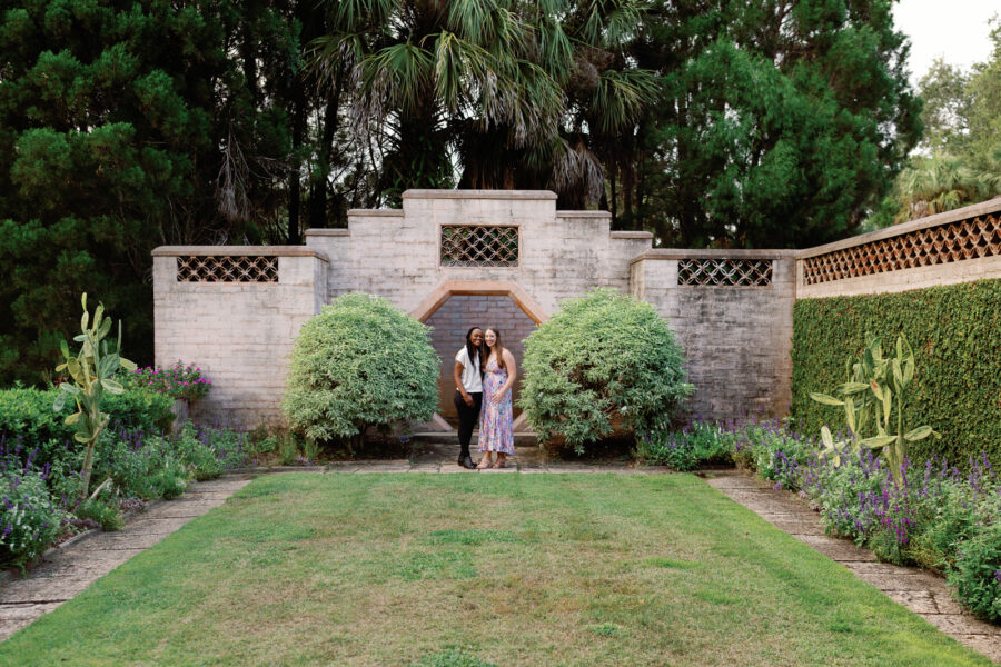 Lawn with geometric architectural wall known as the moon door at Bok Tower Gardens